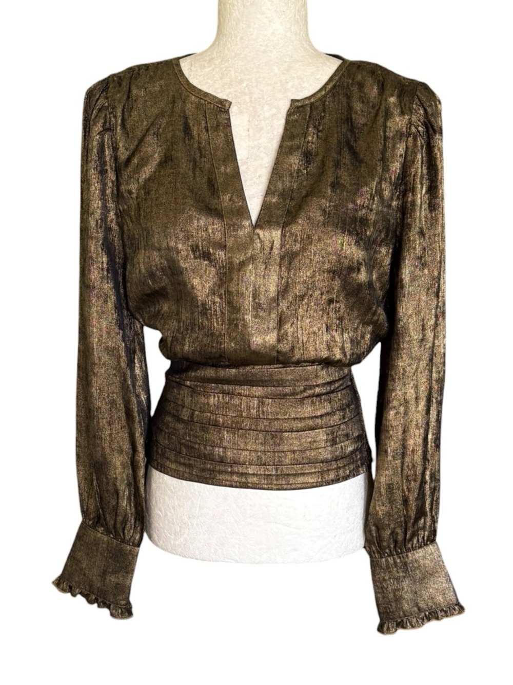 NWT Sam Edelman Edith Metallic Gold Black Pleated Cropped Blouse - XS